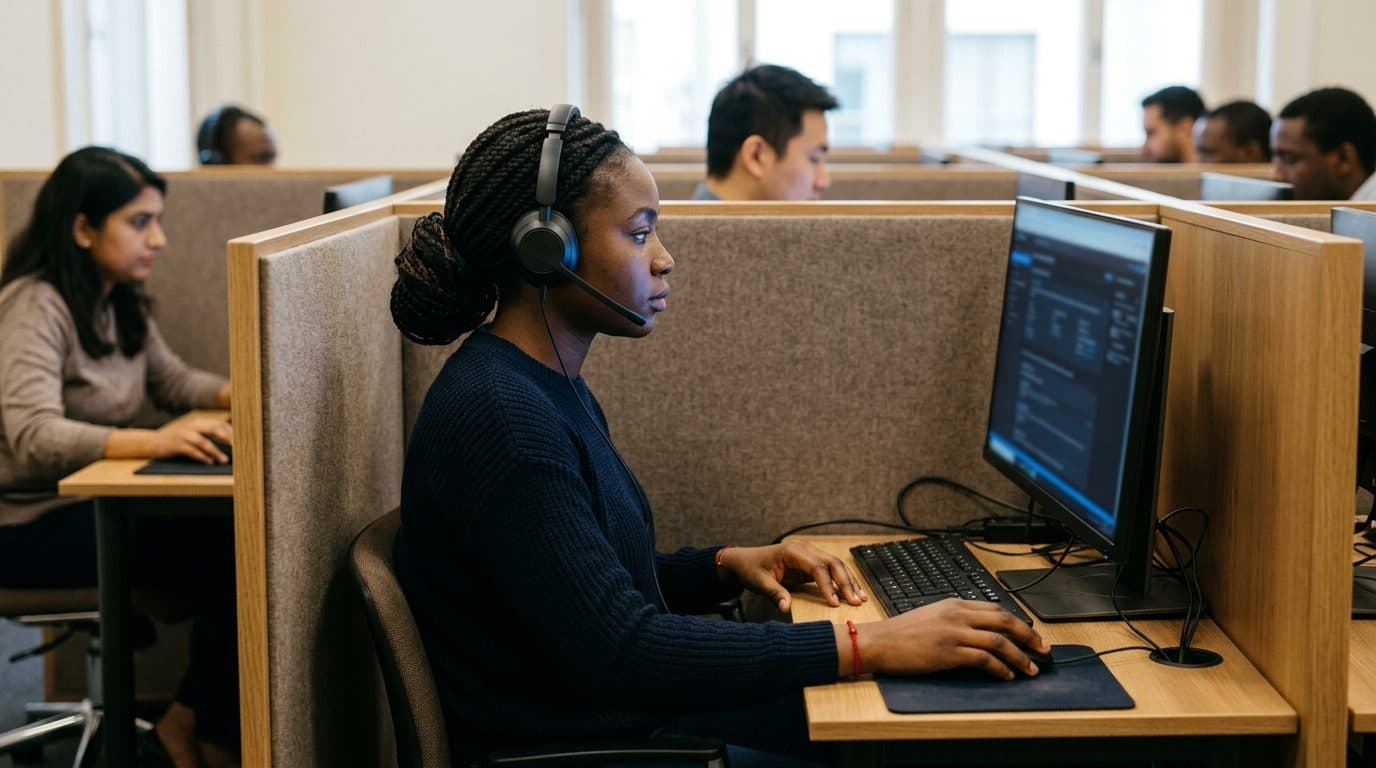 Candidate avec un casque audio qui passe une épreuve sur ordinateur dans une cabine d'examen