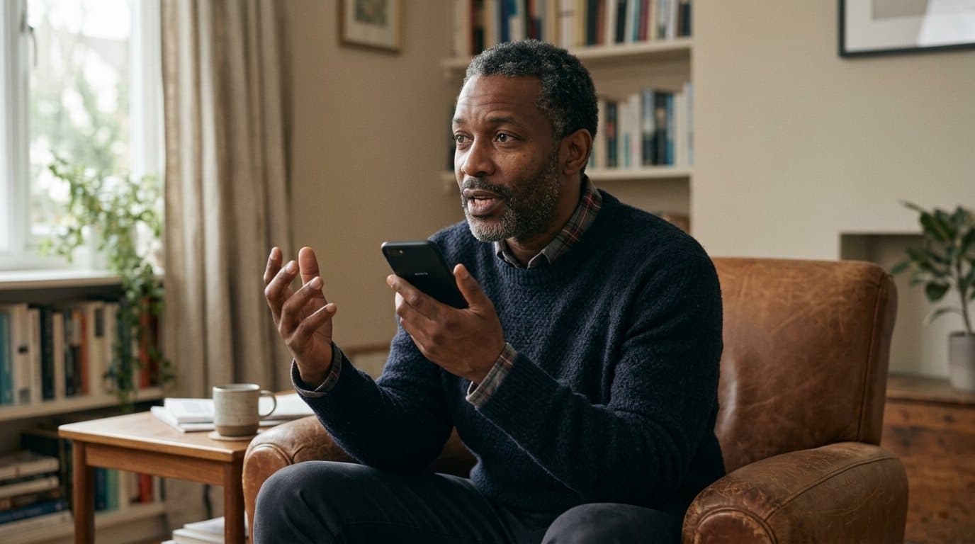 A man in an armchair speaking on the phone and gesturing as he makes his point