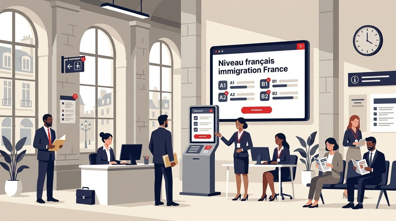 Illustration d'un hall d'administration où un écran affiche les niveaux A1, A2, B1 et B2