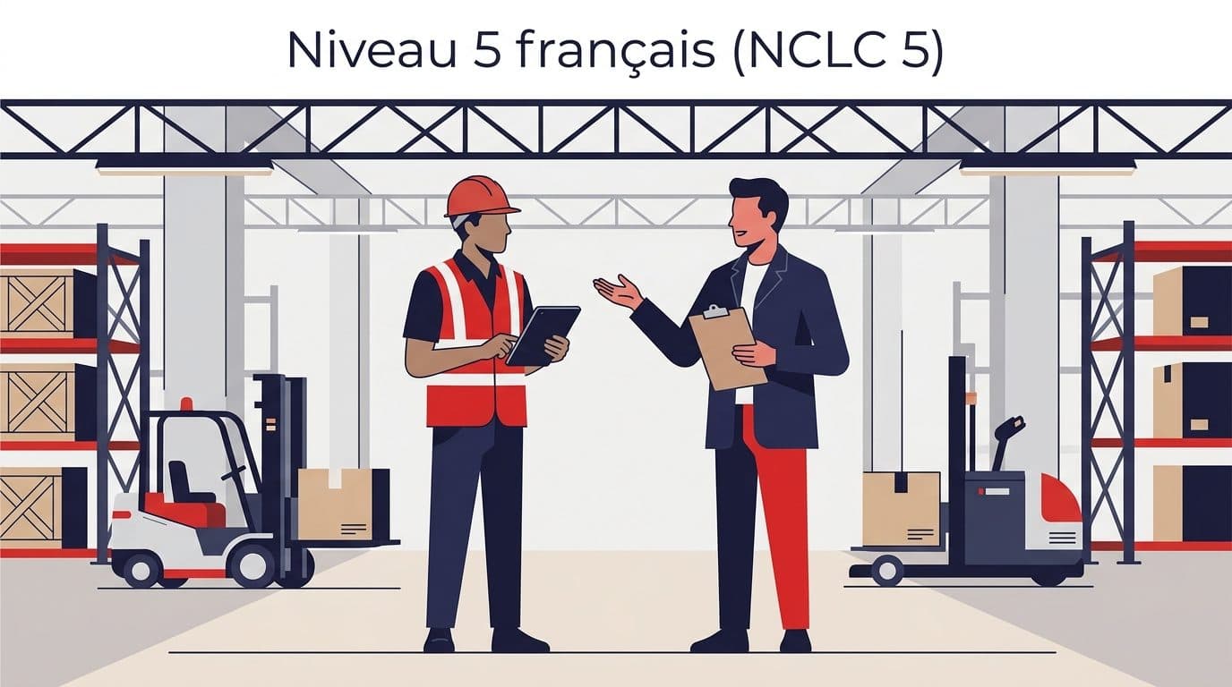 Illustration d'un superviseur et d'un employé qui échangent dans un entrepôt