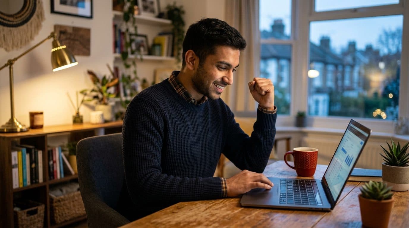 Candidat qui célèbre ses résultats devant son ordinateur portable