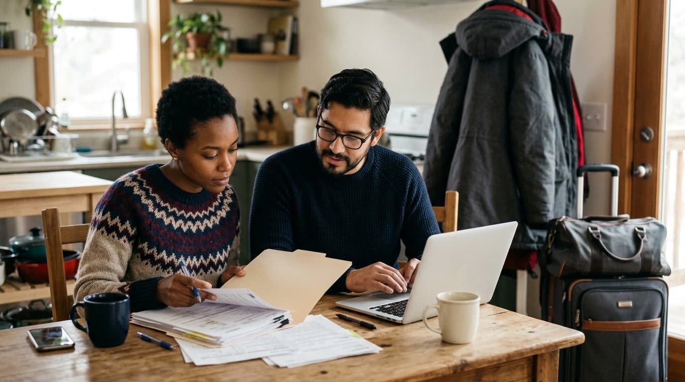 A couple reviewing immigration documents together at a kitchen table