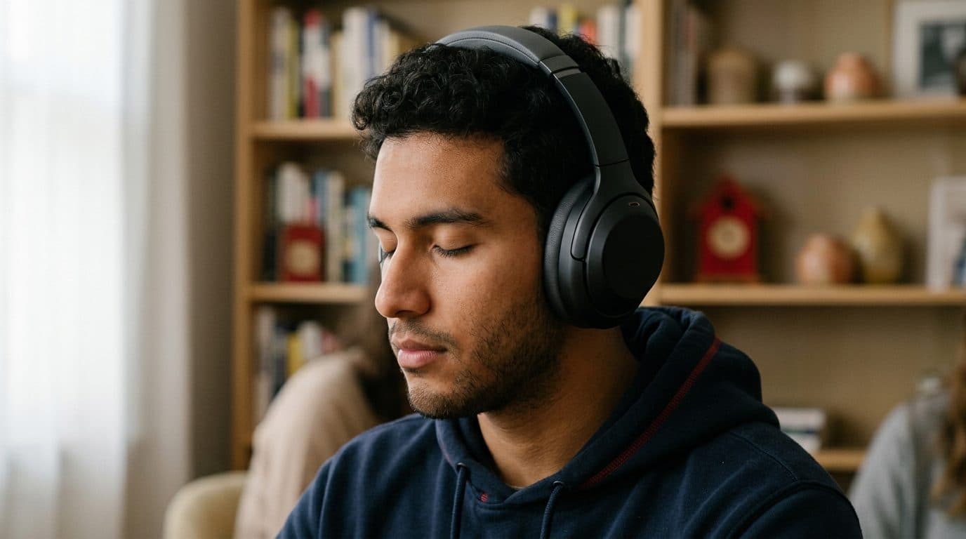 A young man listening closely with over-ear headphones, eyes closed