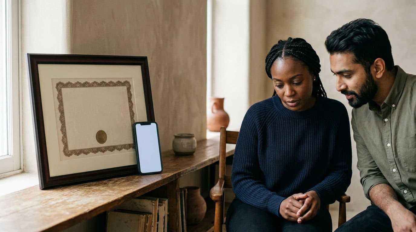 Diplôme encadré posé à côté d'un smartphone, deux personnes qui comparent leurs options