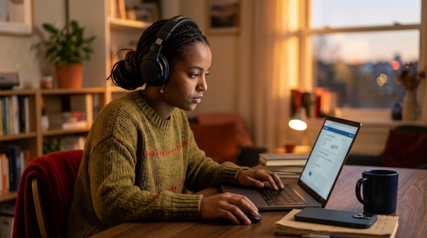 Student taking an online practice test at home with headphones