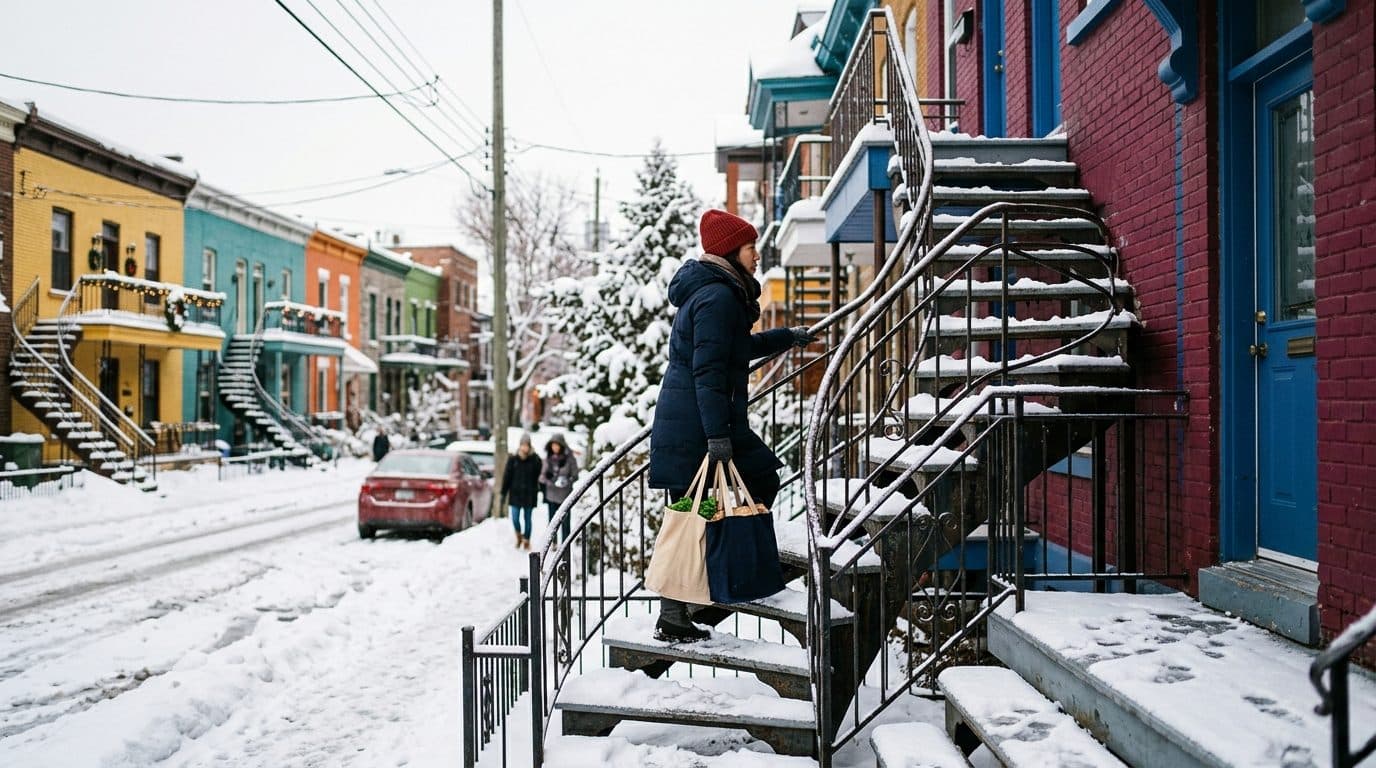 Rue enneigée de Montréal : une femme monte un escalier extérieur, sacs d'épicerie à la main
