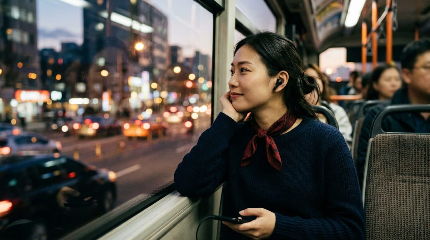 Femme qui écoute un podcast avec des écouteurs dans l'autobus, lumières de la ville en arrière-plan