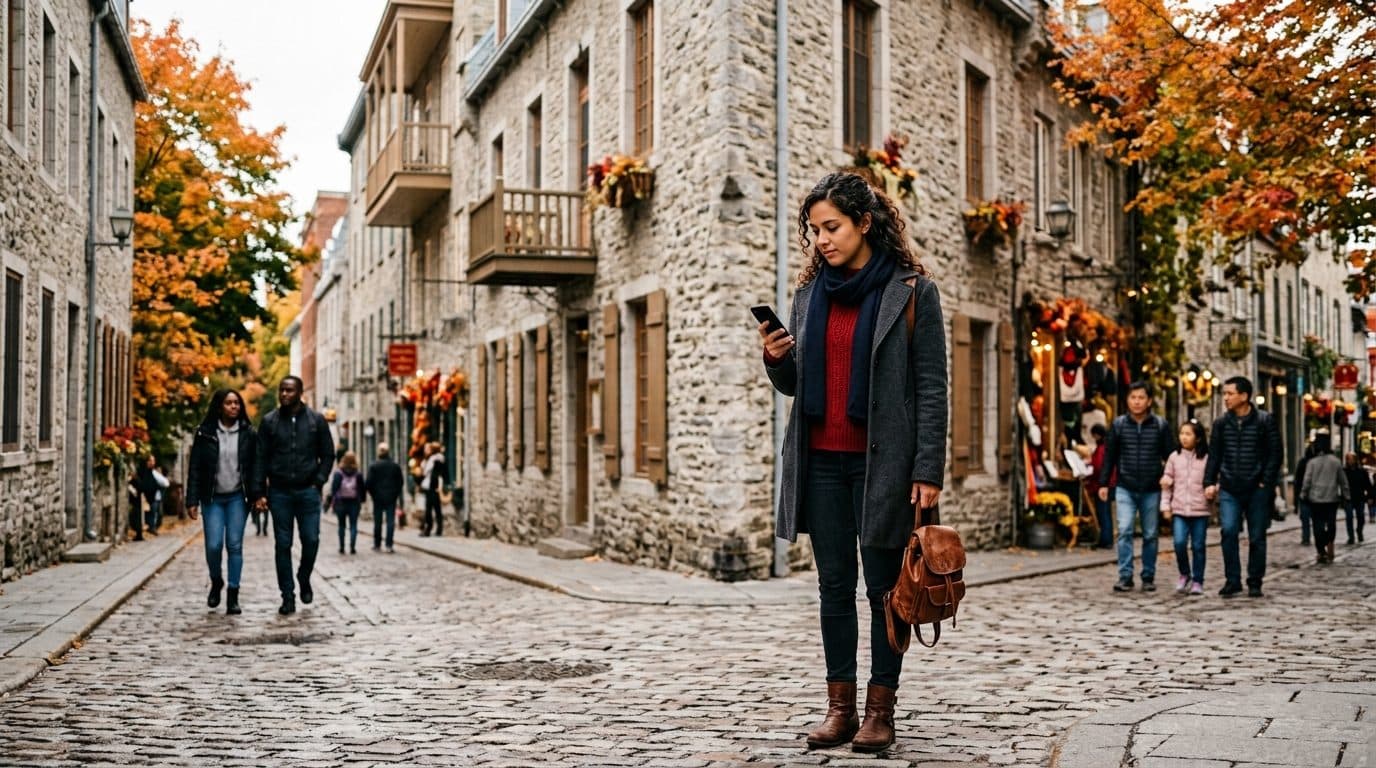Femme qui consulte son téléphone dans une rue pavée du Vieux-Québec en automne