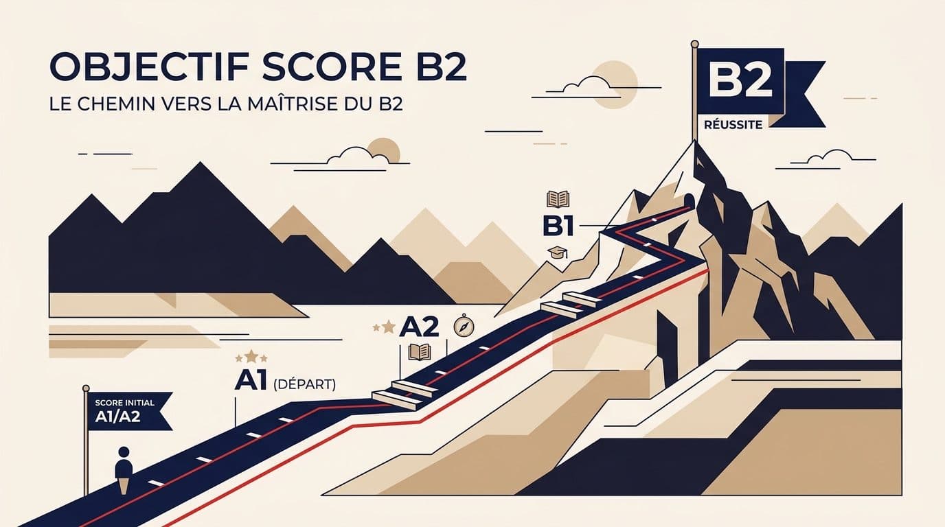 Illustration d'un chemin de montagne qui mène du niveau A1 au sommet B2