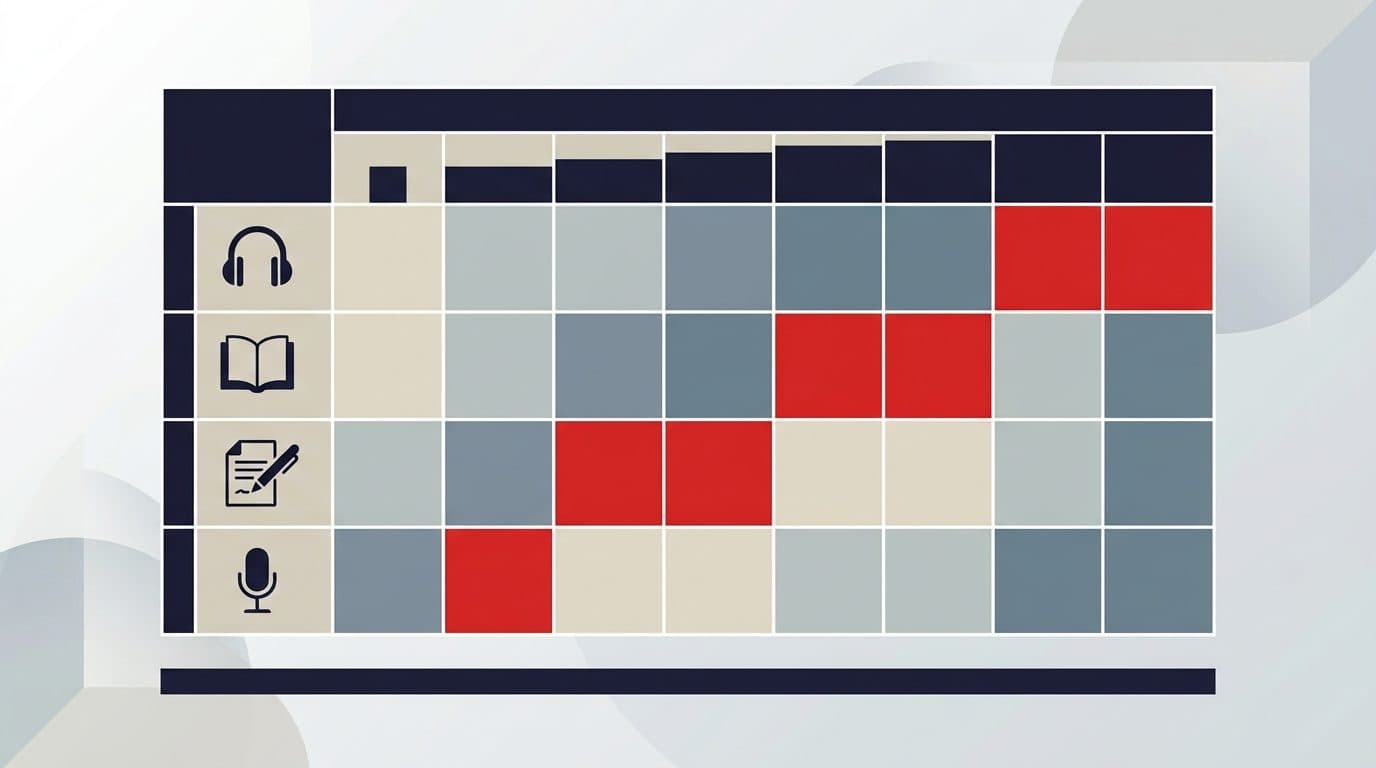 Abstract grid with listening, reading, writing and speaking icons across score columns