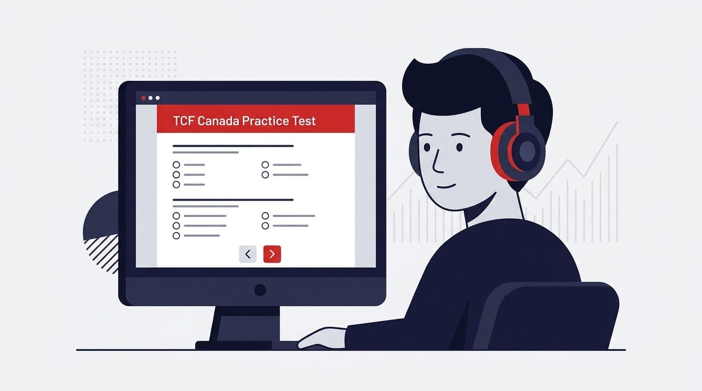 Illustration of a student with headphones taking a practice test on a computer