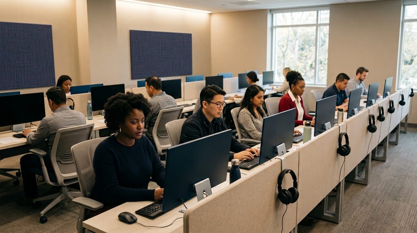Salle d'examen informatisée où plusieurs candidats passent le test avec un casque